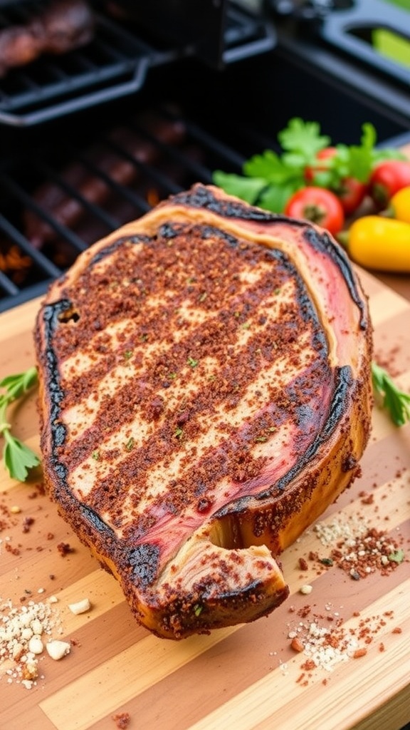 Grilled pork chop with a savory dry rub, garnished with herbs, on a rustic cutting board.